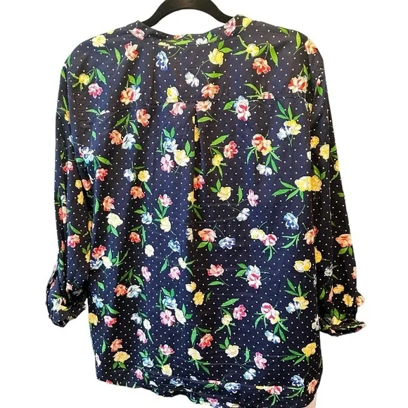 Talbots Navy Blue White Polka Dot Floral Six Button Blouse sz XLarge - Picture 6 of 8